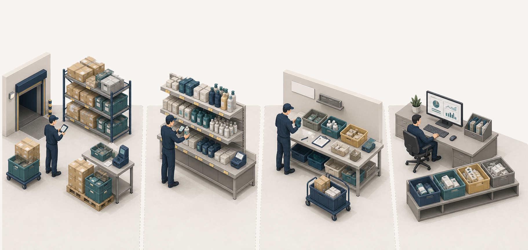 商品準備、値下げ登録、不良品確認、実績送信が左から右へつながる店舗ロス管理の俯瞰図